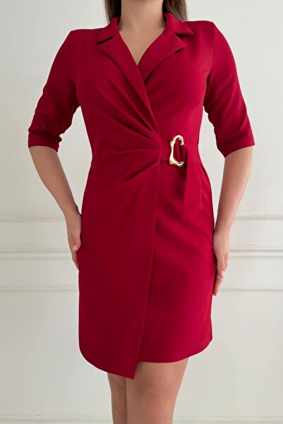 ZISHAN Belde Toka Detaylı Yarım Kol Ceket Yaka Double Krep Kumaş Kadın Ofis & Abiye Elbise 037