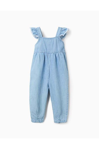 Ziddy Denim Dungarees with Frayed Ruffles for Baby Girls, Blue