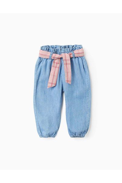 Ziddy Light Denim Trousers with Checked Tape for Baby Girls, Blue/Pink
