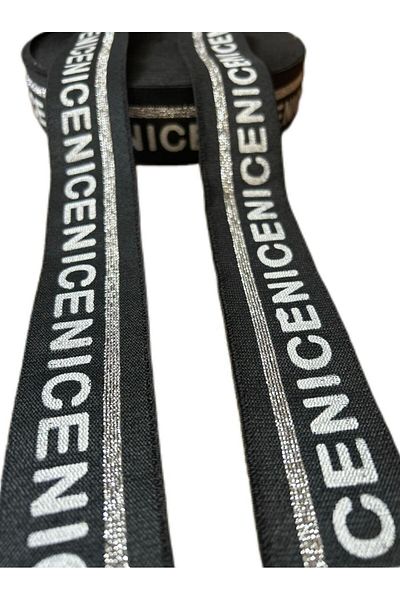 ŞENEL DAR DOKUMA 4cm Black-White Nice Printed Glitter Jacquard Webbing Rubber- Flat Rubber- Elastic Band / 10m