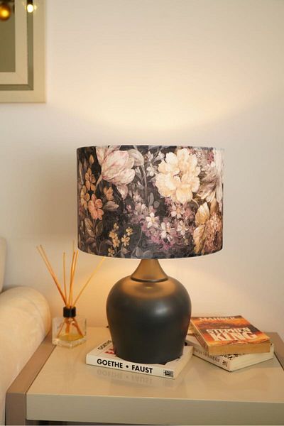 retro home design Anthracite Color Footed Dark Flower Printed Cylinder Lampshade Table Lamp Living Room Bedroom