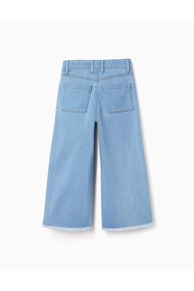 Ziddy Wide Leg Frayed Denim Trousers for Girls, Light Blue