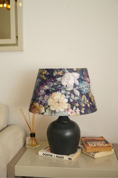 retro home design Anthracite Color Footed Dark Flower Printed Conical Lampshade Table Lamp Living Room Bedroom