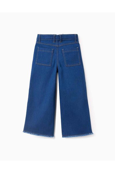 Ziddy Wide Leg Frayed Denim Trousers for Girls, Blue