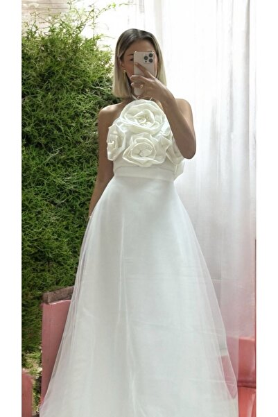 MODAHOBİMİZ Beyaz Şık Gül Tasarımı Kadın Gelinlik Elbise