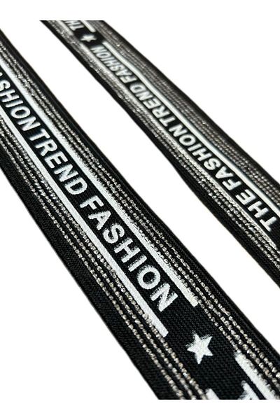 ŞENEL DAR DOKUMA 4cm Black-White Fashion Printed Glitter Jacquard Woven Elastic - Flat Elastic - Elastic Band / 1m