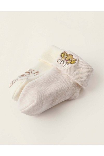 Ziddy Pack of 2 Pairs of Thick Socks for Newborns and Babies 'Simba', White/Beige