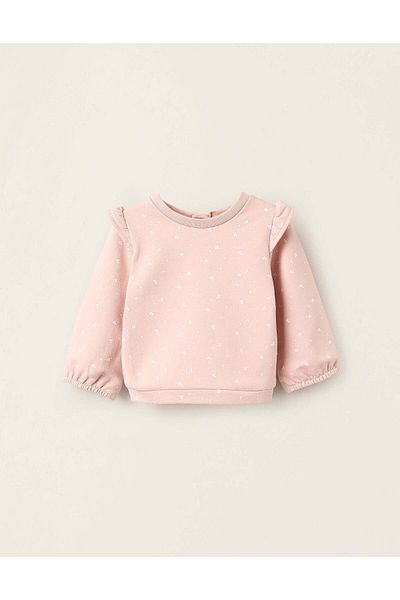 Ziddy Floral Brushed Sweatshirt with Ruffles for Newborn Girls, Pink/White