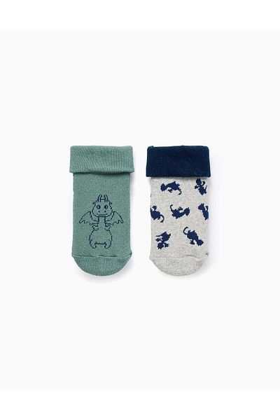 Ziddy Pack of 2 Non-Slip Socks for Baby Boys 'Dragons', Grey/Green