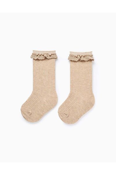 Ziddy High Socks with Crochet Ruffles for Baby Girls, Beige