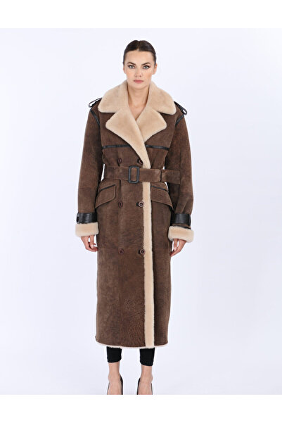 VELLUTON İÇİ KÜRK KEMER DETAYLI UZUN TASARIM HAKİKİ DERİ KABAN