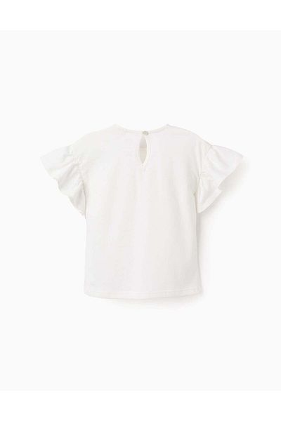Ziddy T-shirt with Ruffles and Crochet Pocket for Baby Girls, White