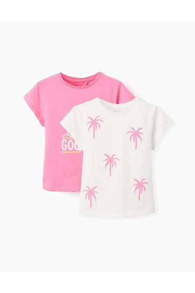 Ziddy Pack of 2 Cotton T-shirts for Girls 'Palm Trees', Pink/White