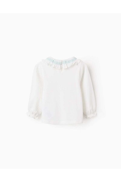 Ziddy Long-Sleeved T-Shirt with Frills and Blue Thread for Baby Girls, White