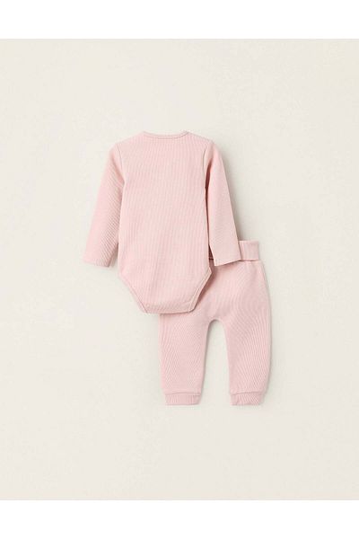 Ziddy Ribbed Bodysuit and Trousers Pyjama Set for Baby Girls, Pink