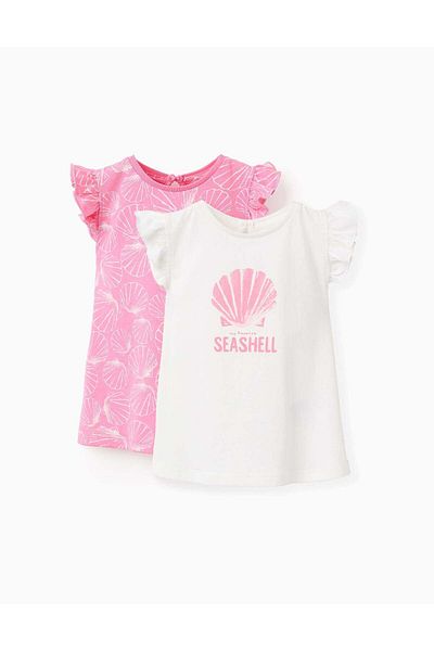 Ziddy Pack of 2 T-shirts with Motifs and Prints for Baby Girls, White/Pink