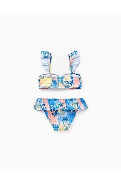 Ziddy Printed Bikini with Ruffles and Bow for Girls, Blue