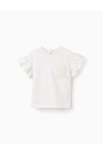 Ziddy T-shirt with Ruffles and Crochet Pocket for Baby Girls, White