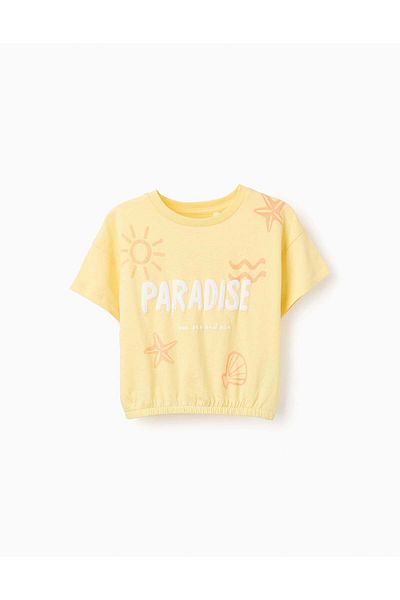 Ziddy Cotton T-shirt with Elastic Hem for Girls 'Paradise', Yellow