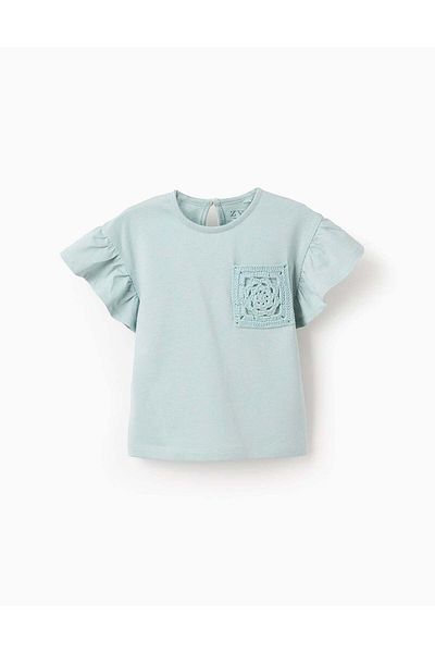 Ziddy T-shirt with Ruffles and Crochet Pocket for Baby Girls, Light Blue