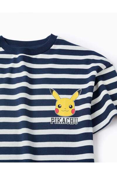 Ziddy Striped T-shirt for Boys 'Pikachu', Dark Blue/White
