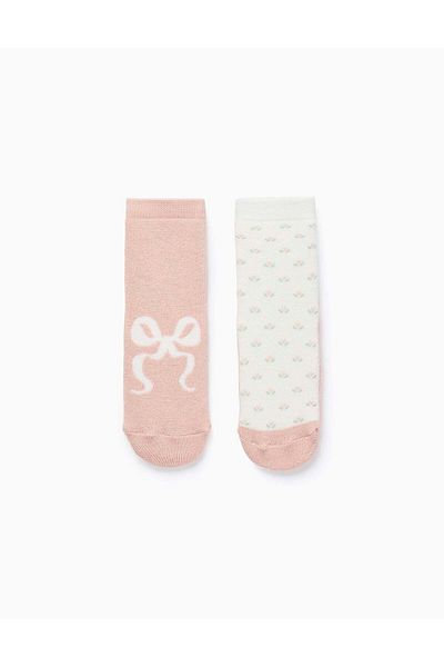 Ziddy Pack of 2 Non-Slip Socks for Girls 'Flowers', Pink/White