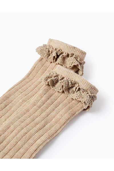 Ziddy High Socks with Crochet Ruffles for Baby Girls, Beige