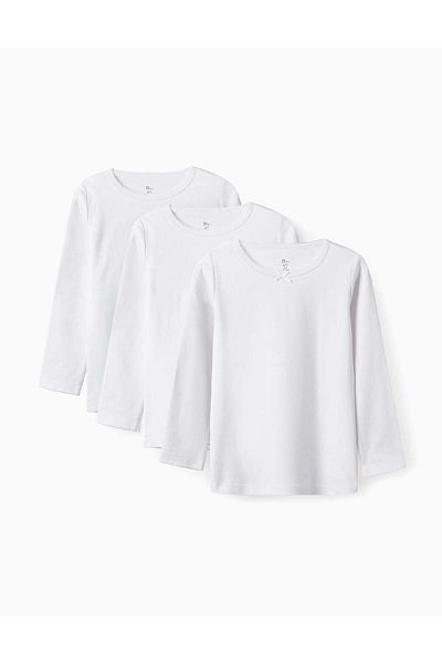 Ziddy Pack of 3 Long Sleeve Vests with Bow for Girls, White