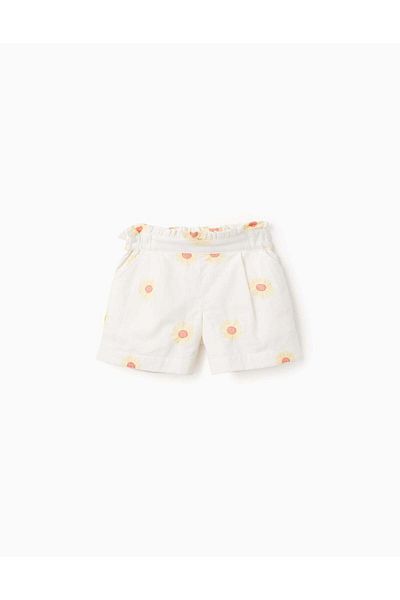 Ziddy Cotton and Linen Shorts with Flowers for Girls, White