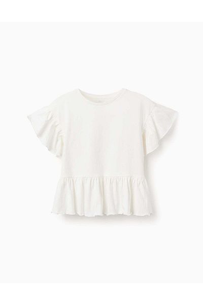 Ziddy Cotton T-shirt with Ruffles for Girls, White