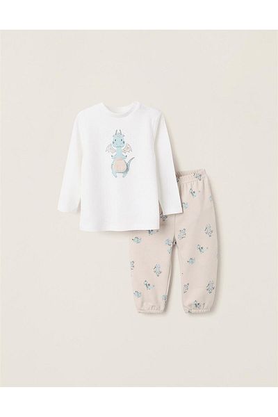 Ziddy Cotton Pyjama for Baby Boys 'Dragon', Beige/White