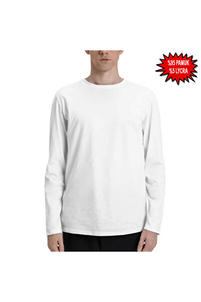 HediyeMania Tricou alb material elastic cu mânecă lungă guler rotund 95% bumb...