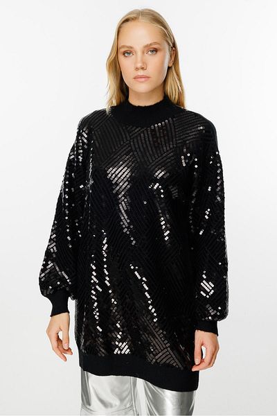 Ghisa Half Fisherman Sequined Knitwear Tunic - Black