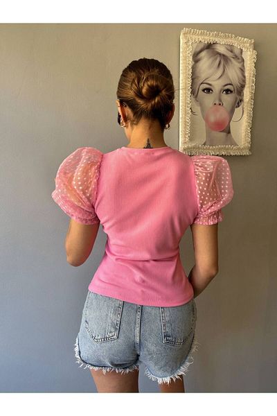 Butik Beyza Γυναικεία κοντό μανίκι καρπούζι Μπλούζα από τούλι λύκρα