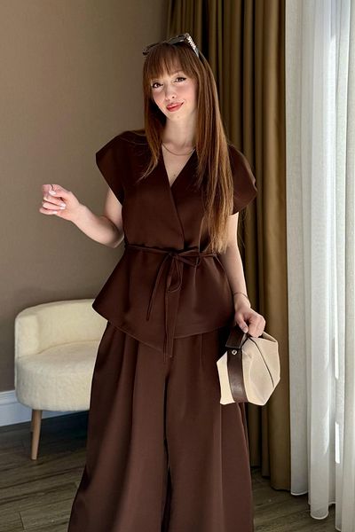 Dilay Gökoğlu Butik Brown Drawstring Vest Pants Set