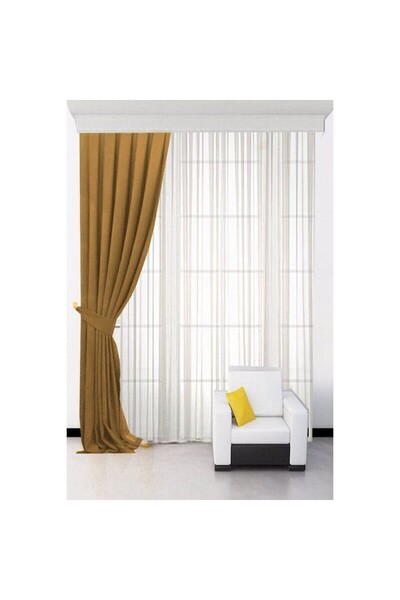 DECO Açık Hardal Ada Fon Perde Pilesiz Extraforlu Düz Dikim Büzgü Pile