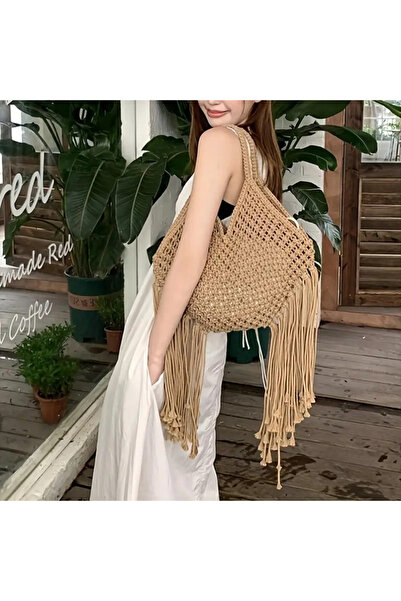 NeednStore Women's Tasseled Cotton Hand Knitted Natural Mesh Bohemian Style Lined Handbag