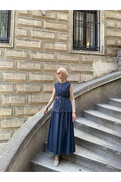 Molly Nelly Women's Thin Navy Blue Denim Vest Skirt Suit