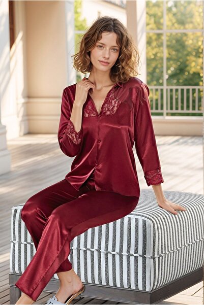 Lienna Women's Burgundy Satin Bridal 6-Piece Dowry Set Dressing Gown & Nightg...
