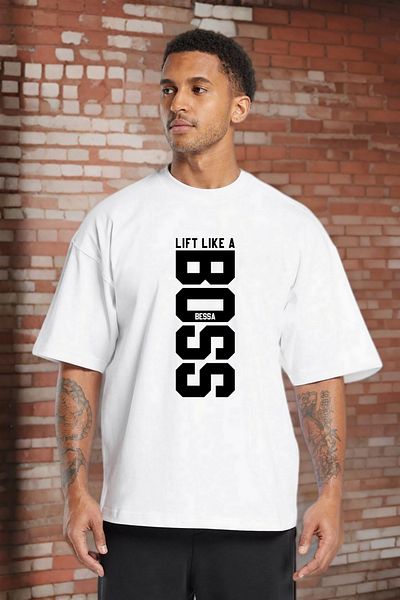 BESSA Ανδρικό μπλουζάκι Lift Like Printed White Oversize Crew Neck Cotton Athlete
