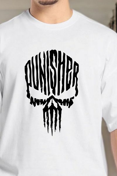 BESSA Ανδρικό μπλουζάκι Punisher με εμπριμέ λευκό Oversize Crew Neck Cotton Athlete