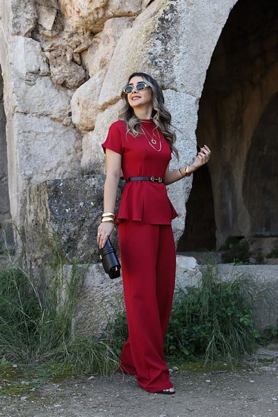 bytugcekaya Red Thin Belted Short Sleeve Jumpsuit