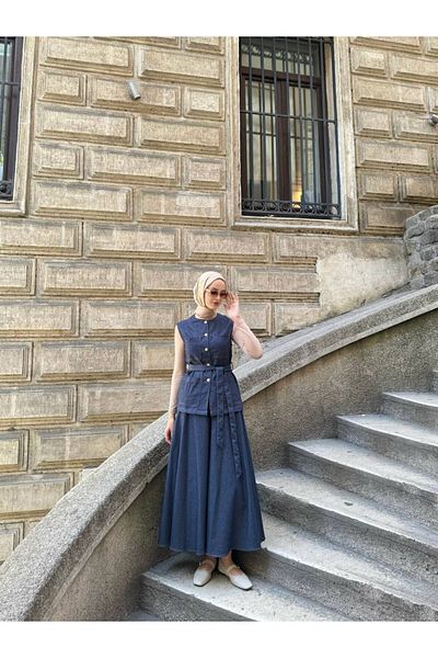 Molly Nelly Women's Thin Navy Blue Denim Vest Skirt Suit