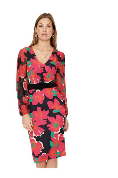 MAMAYAGA Rochie sportivă elegantă, cu decolteu în V, cu mâneci lungi din șifon, cu imprimeu floral