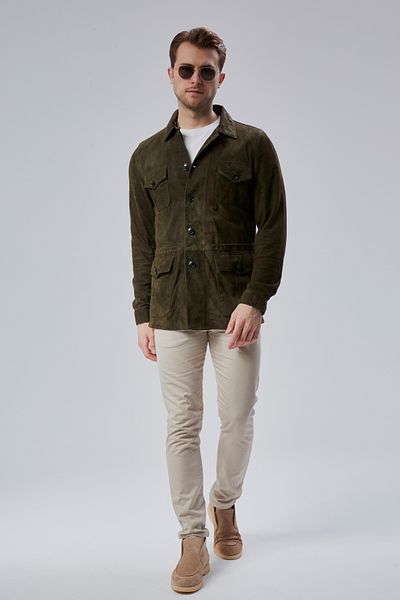 KENT Safari Buttoned Genuine Leather Khaki Green Men's Suede Jacket