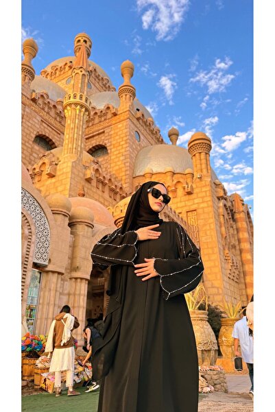 Ferraceci Kolları El İşi Taş İşlemeli Siyah Dubai İpeği Ferace