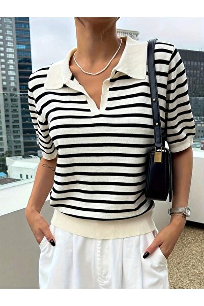 zeynstore Γυναικεία πλεκτή μπλούζα με ριγέ κοντομάνικο γιακά πόλο