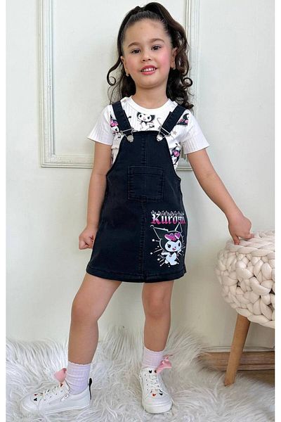ARBİ kids Girl's Kuromi Short Sleeve and Black Salopet Denim Two-Piece Suit