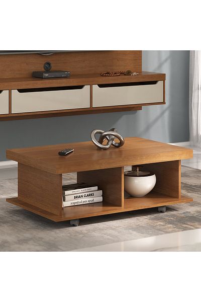 ARTLY Movable square coffee table with wheels and shelves for living rooms and homes, natural brown color, 90*59*35