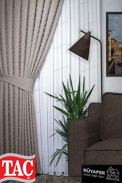 Taç Dream Linen Series Grammage Pompom Pattern Milk Coffee Color Background Curtain Frequent Pleat Single Wing